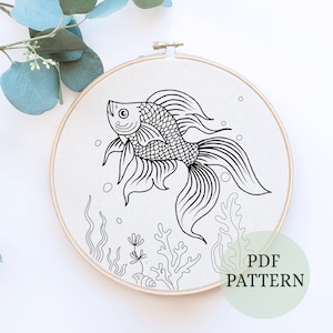 Goldfish Embroidery Pattern, Fish Embroidery, Fish Hoop Art, PDF Pattern, Into the sea, Embroidery Sampler, Nature Embroidery, fish pattern