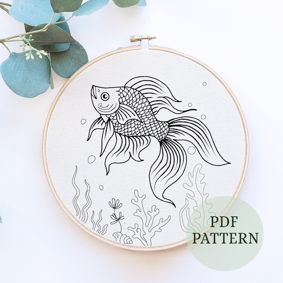 金魚の刺繍パターン、海の生き物のフープアート（PDFパターン） - Etsy 