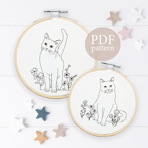 Hand Embroidery Kit Cat Design Cute Kitten Pattern Flower