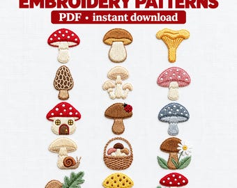 MINI MUSHROOM Hand Embroidery patterns 15 Tiny Forest Designs, toadstool embroidery, Beginner Friendly, Instant Download, Printable template