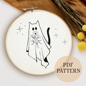 Ghost Cat Embroidery Design: Boho Halloween Pattern (Digital Download)