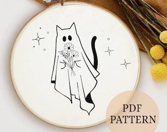 Cute Ghost Cat Embroidery Design, Halloween Embroidery Design, Boho Halloween Embroidery, 6 Sizes, Instant Download, cat lovers idea gift