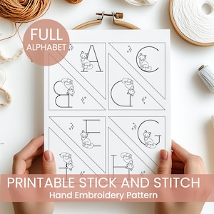 May include: Printable stick and stitch hand embroidery pattern featuring the full alphabet. Each letter is designed with a fox illustration. The design is in black and white, with a light brown banner at the bottom.