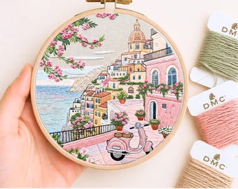 Amalfi Coast Embroidery Pattern PDF Digital Download Hand Embroidery Hoop Art Beginner Friendly Italian Coastal Wall Art Grandma Gift