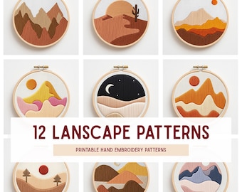 Mountain Landscape Embroidery Patterns, Hand Stitch Hoop Art, set of 12 (PDF Download)