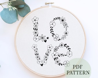 Hand embroidery pattern pdf ,Love floral word, beginner needlepoint pattern instant download, floral embroidery pattern, beginner embroidery