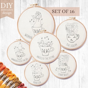 Set of 16 Masterpieces embroidery pattern, Instant Download,decor, Monalisa, Starry Night, Frida, American Gothic, The Scream, Venus, Angels