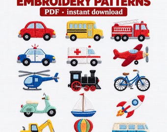 Tiny Cars Truck Train Embroidery Designs: Mini Vehicles Hand Embroidery, printable template, Transportation mini Icons Bundle Embroidery
