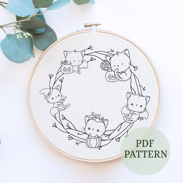 Little cats embroidery pattern, Embroidery pattern, Autumn Embroidery designs, Beginner embroidery pattern, Halloween pumpkin pdf pattern