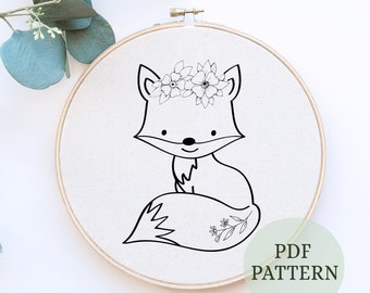 Floral Fox Hand Embroidery Pattern: Whimsical Nursery Decor, instant download (PDF Pattern)