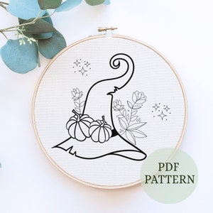 Happy Halloween Embroidery, Beginner Embroidery, Halloween Witch Hat, Halloween DIY Gift, Needle Point, Pumpkin design, halloween decor