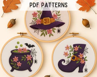 Witchy Halloween Embroidery Patterns PDF, Spooky Decor
