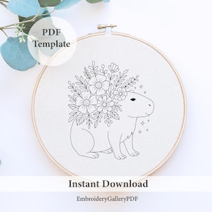 Broderimönster med kapybarablommig krona: Boho Jungle Hoop Art (PDF-mall som kan laddas ner, 6 storlekar)