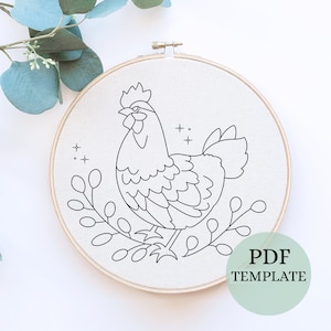 Floral Chicken Embroidery Pattern, PDF Pattern, Hen & Hare, Beginner Embroidery Pattern, Chicken Embroidery Pattern, Modern Hand Embroidery