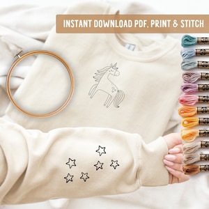 Unicorns Embroidery, DIY Clothes embroidery, DIY bag stick, cloth stick, print and stitch embroidery, PDF embroidery patterns, handmade