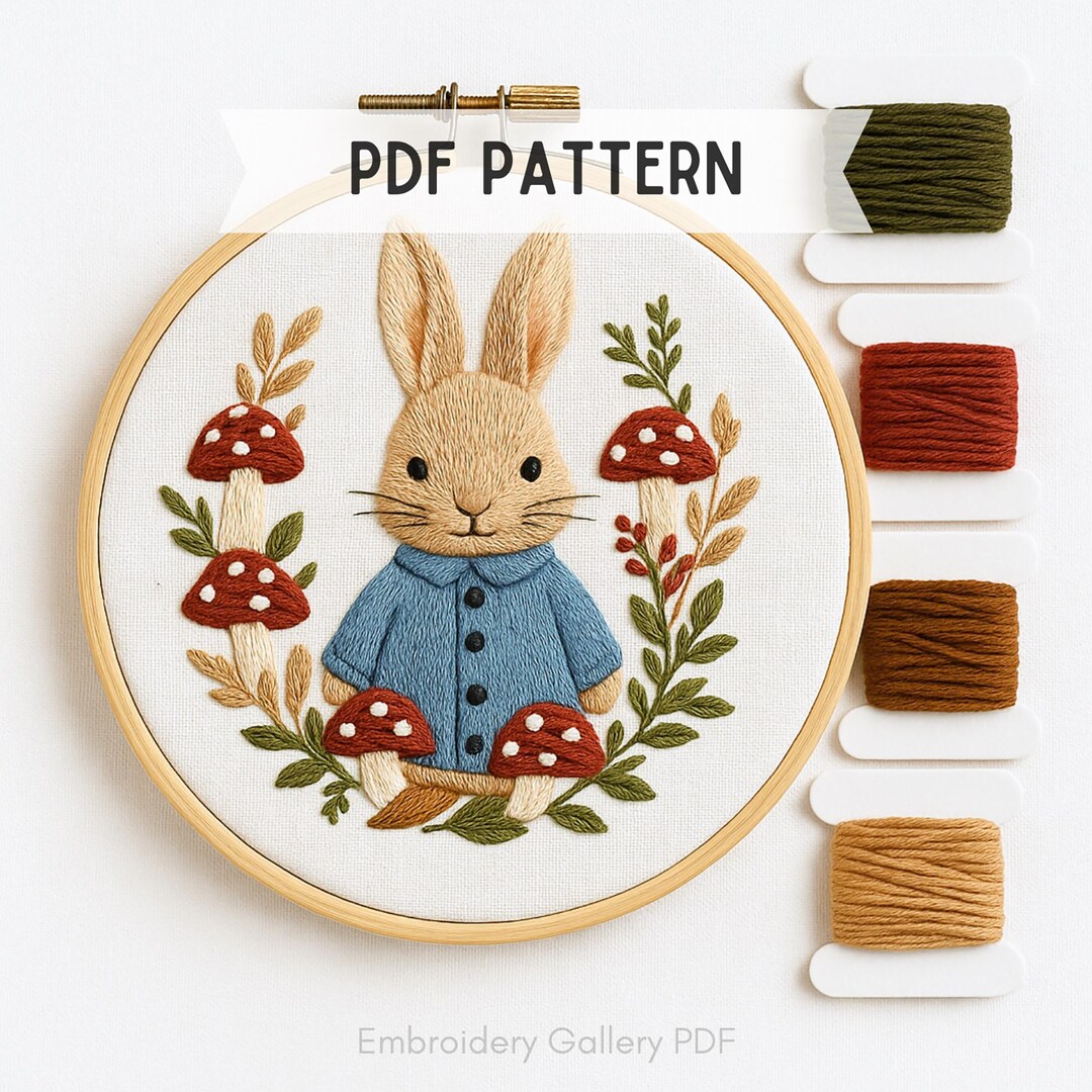 Peter Rabbit Hand Embroidery Pattern: Flowers and Mushrooms, Instant ...