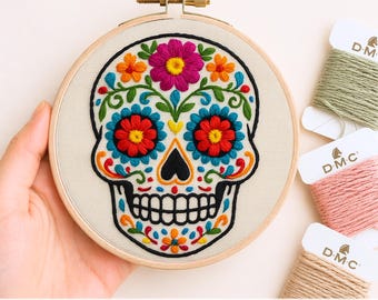 シュガースカル刺繍デザイン * カラフルなメキシカンスカル装飾 * 花柄