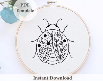 てんとう虫の刺繍パターン：花の昆虫フープアート（PDFダウンロード、6