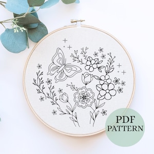 Floral Butterfly Embroidery, Easy Embroidery Pattern PDF, Butterfly Decor DIY, Beginner Needlepoint, Handmade Gift, hoop art, DIY embroidery