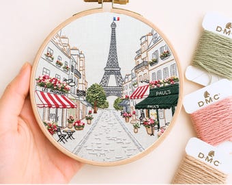 Paris Embroidery Pattern PDF Digital Download Hand Embroidery Hoop Art Beginner Friendly Eiffel Tower French Street Travel Needlework
