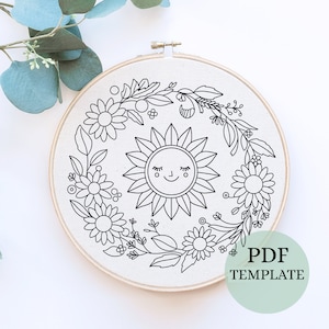 Sunflowers wreath and Sun Embroidery template, celestial embroidery art, creative Embroidery, printable Embroidery, sunflowers Embroidery