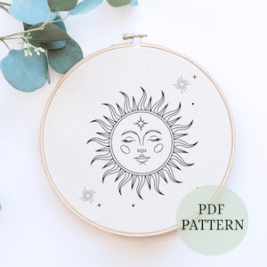 PDF-patroon &quot;OOGST ZON&quot;, handborduurwerk, borduurringkunst, eenvoudig borduren, borduurpatroon, zon, sterren, tarwe, natuur, hemels