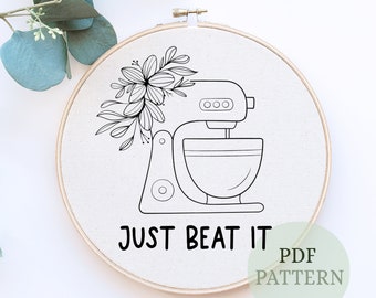 Just Beat It, Embroidered Kitchen Towel, Beginner Embroidery PDF , Embroidery Pattern PDF, digital hand embroidery pattern, PDF pattern