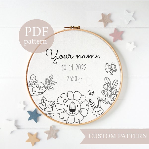 Safari animals design,DIGITAL PATTERN, Custom Embroidery Pattern for Moms, Baby Name, newborn idea gift, baby shower gift, Nap time Crafting