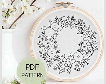 Boho Rose Wreath Hand Embroidery Pattern: Modern Floral Design, hoop art (PDF Pattern)