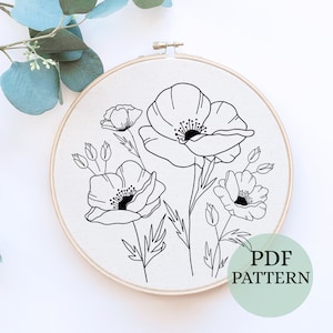 Red Poppies Hand Embroidery Pattern: Floral DIY Template (Digital Download)