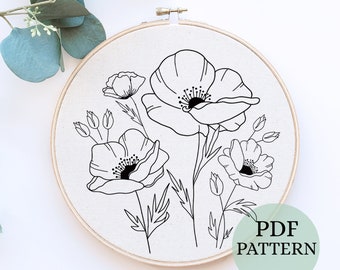 Red Poppies Hand Embroidery Pattern: Floral DIY Template (Digital Download)