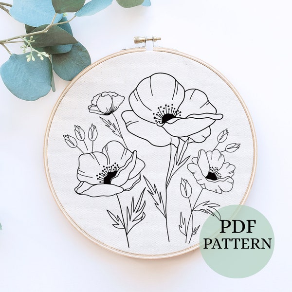 Red Poppies template, Spring Flower Hand Embroidery Hoop, Botanical Hand Embroidery Wall Art, Floral template, poppies garden DIY Embroidery