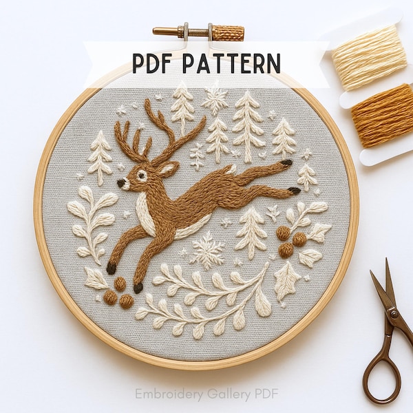 Reindeer Hand Embroidery Pattern: Christmas Ornament Design (PDF Pattern, 6 Sizes