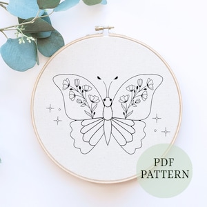DIY vlinderborduurpatroon, pdf direct downloaden, handstikontwerp, op de natuur geïnspireerd, bloemenhandwerk, eenvoudig borduurproject