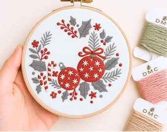 Floral bauble Embroidery Pattern, Christmas Hand Stitch (PDF Download)
