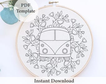 May include: A black and white line art embroidery pattern of a vintage van surrounded by flowers. The pattern is in a hoop and says "PDF Template" and "Instant Download" at the top and bottom of the image. The text "EmbroideryGalleryPDF" is also included.