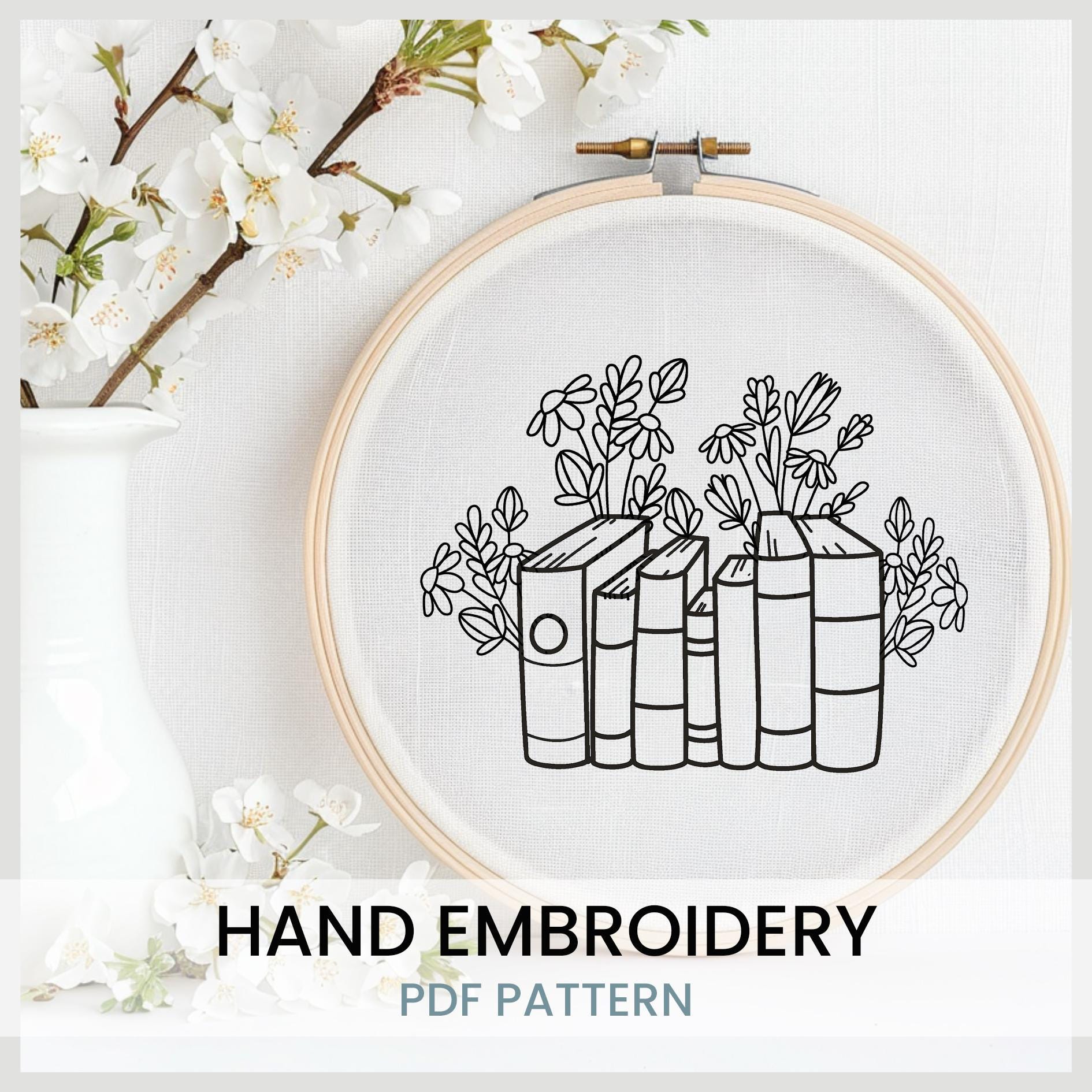 Floral Bookshelf Hand Embroidery Pattern: DIY Hoop Art, Modern Craft ...