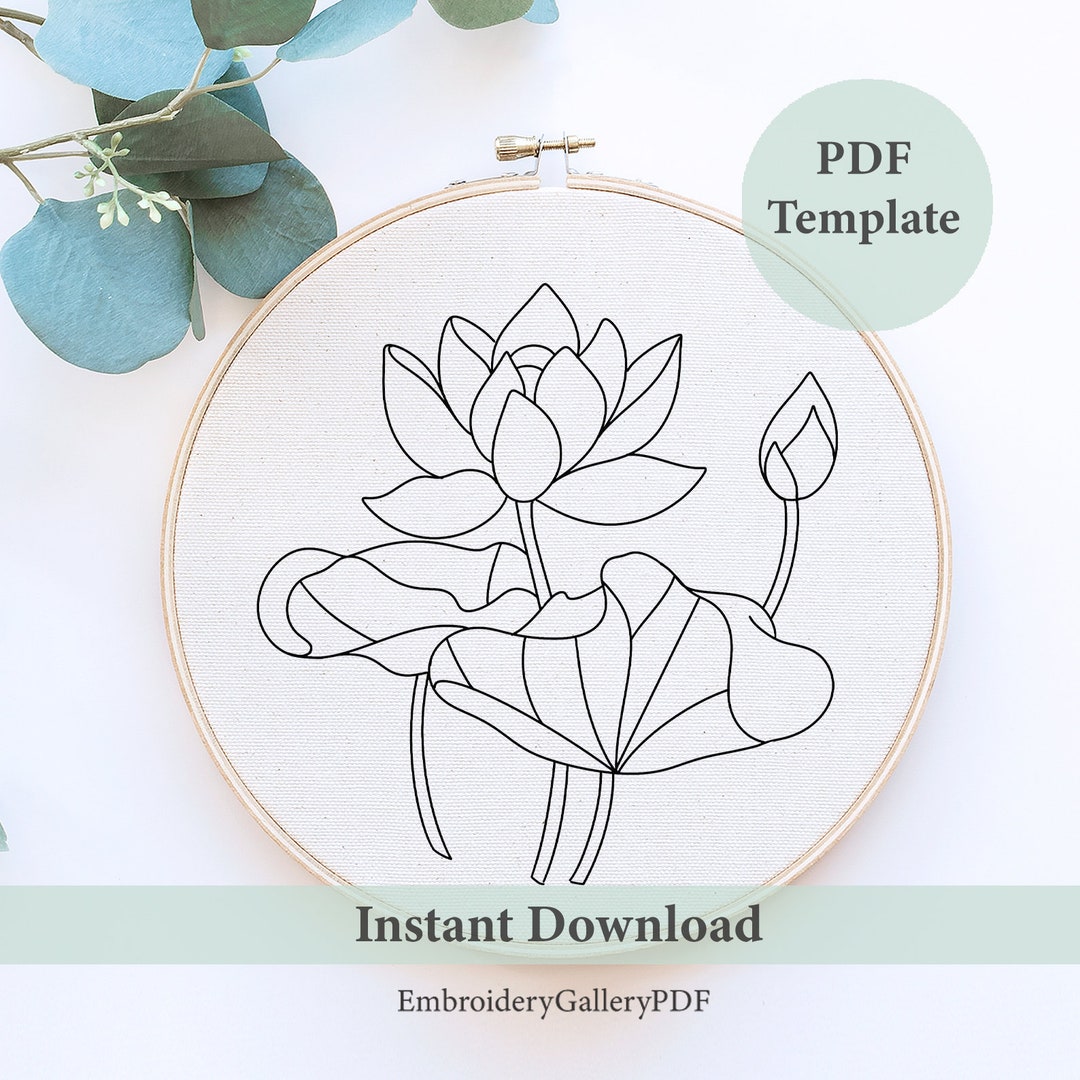 Water Lily Hand Embroidery Pattern: Lotus Flower Design (PDF Template ...