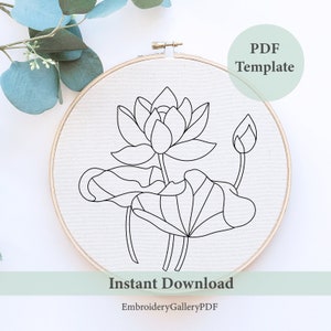 Molde de bordado à mão de nenúfar, Padrão de almofada de nenúfar, Bordado de nenúfar, Design de lótus rosa, Padrão de bordado à mão, Artesanato de primavera faça você mesmo