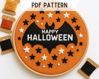 Happy Halloween Hand Embroidery Pattern: Bat & Stars Hoop Art (PDF Digital Download)