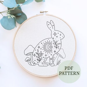 Rabbit Hand embroidery pattern pdf, celestial design , beginner modern embroidery pattern, rabbit needlework, instant download, esoteric DIY