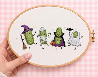 Halloween Pickles Embroidery Pattern PDF Digital Download Spooky Vegetable Parade Beginner Friendly Hoop Art Wall Decor Costume Trio Designs