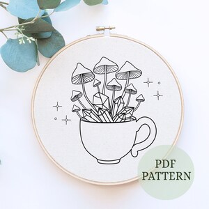 May include: Black and white line art illustration of a teacup filled with mushrooms and crystals. The teacup has a handle and the mushrooms have stems and caps. The crystals are geometric shapes. The image is on a white background and has the text "PDF PATTERN" at the bottom.
