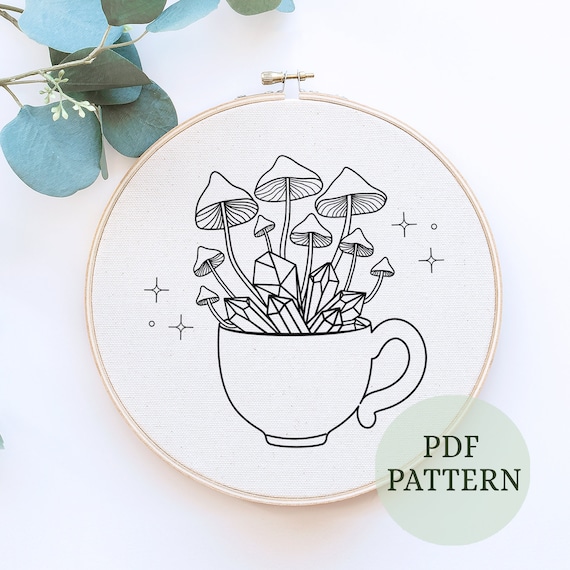 Mushroom Cup Embroidery Pattern: Witchy Crystal Design (PDF Download)