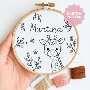 Custom Baby Giraffe Embroidery Pattern: Personalized Name, Botanical Art (PDF Downloadable Template)