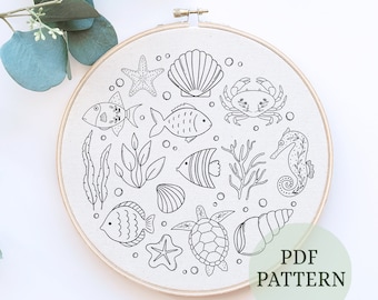 Shoal hand embroidery pattern, Fish Hand Embroidery Patterns, goldfish pattern, hand embroidery, printable pattern, ocean wonders, sea world