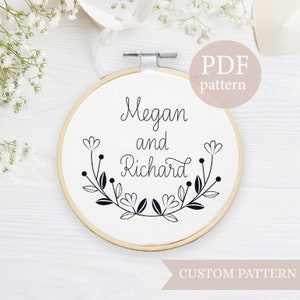 Custom wedding hand embroidery pattern, Floral wreath, bridal shower, engagement counted hand embroidery Pattern rustic, anniversary gift
