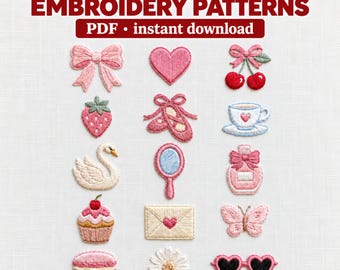 15 Coquette Embroidery Pattern PDF, Mini Hand Stitch Designs, Bow Cherry Ballet Swan Strawberry, Beginner Friendly, Instant Download