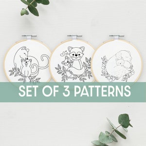 Set of 3 Embroidery PDF Pattern, Floral Crown Raccoon Design, Digital Download, Simple Easy Whimsical Animal Embroidery for Nursery decor