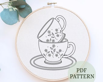 Hand Embroidery Pattern, Beginner Embroidery, PDF embroidery pattern, tea Embroidery pattern, neutral floral embroidery, tea cup design